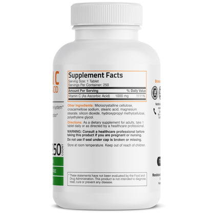 Bronson Vitamin C 1000mg Premium Non-GMO Ascorbic Acid Tablets – 250 Count