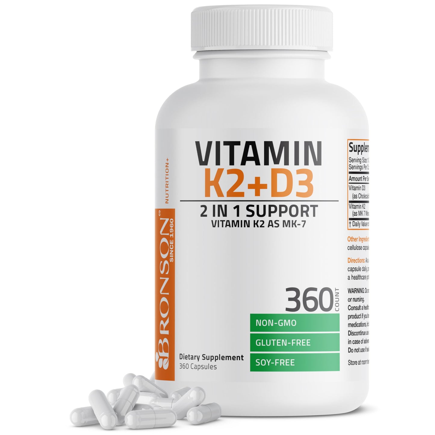 Bronson Vitamin K2 MK-7 with D3 – Non-GMO, 360 Capsules, 5000 IU D3