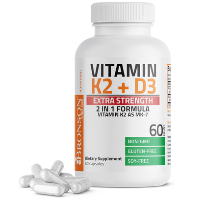 Bronson Vitamin K2 MK-7 with D3 Extra Strength — 60 Caps, Non-GMO