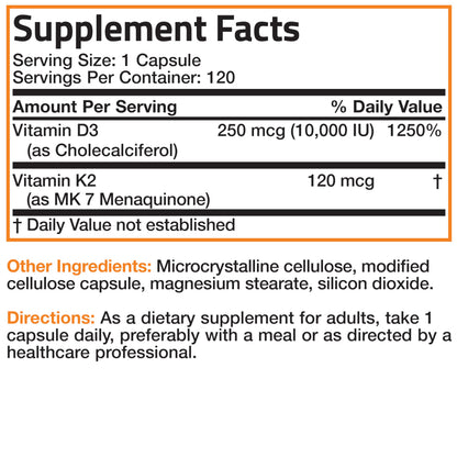 Bronson Vitamin K2 MK-7 with D3 Extra Strength – 10,000 IU D3, 120 mcg K2 MK-7, 120 Capsules