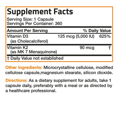 Bronson Vitamin K2 MK-7 with D3 – Non-GMO, 360 Capsules, 5000 IU D3