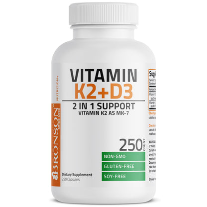 Bronson Vitamin K2 (MK7) with D3 – Non-GMO, 5000 IU D3, 90 mcg K2 MK-7, 250 Capsules
