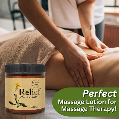 Relief Arnica Cream – All-Natural Massage Lotion with Lemongrass, Eucalyptus & Rosemary | Brookethorne Naturals