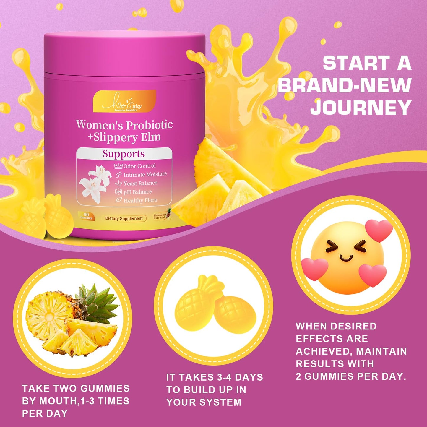 Brurtzexs Juicy Feminine Probiotic Gummies for Women | Pineapple, Vegan, 60 Count