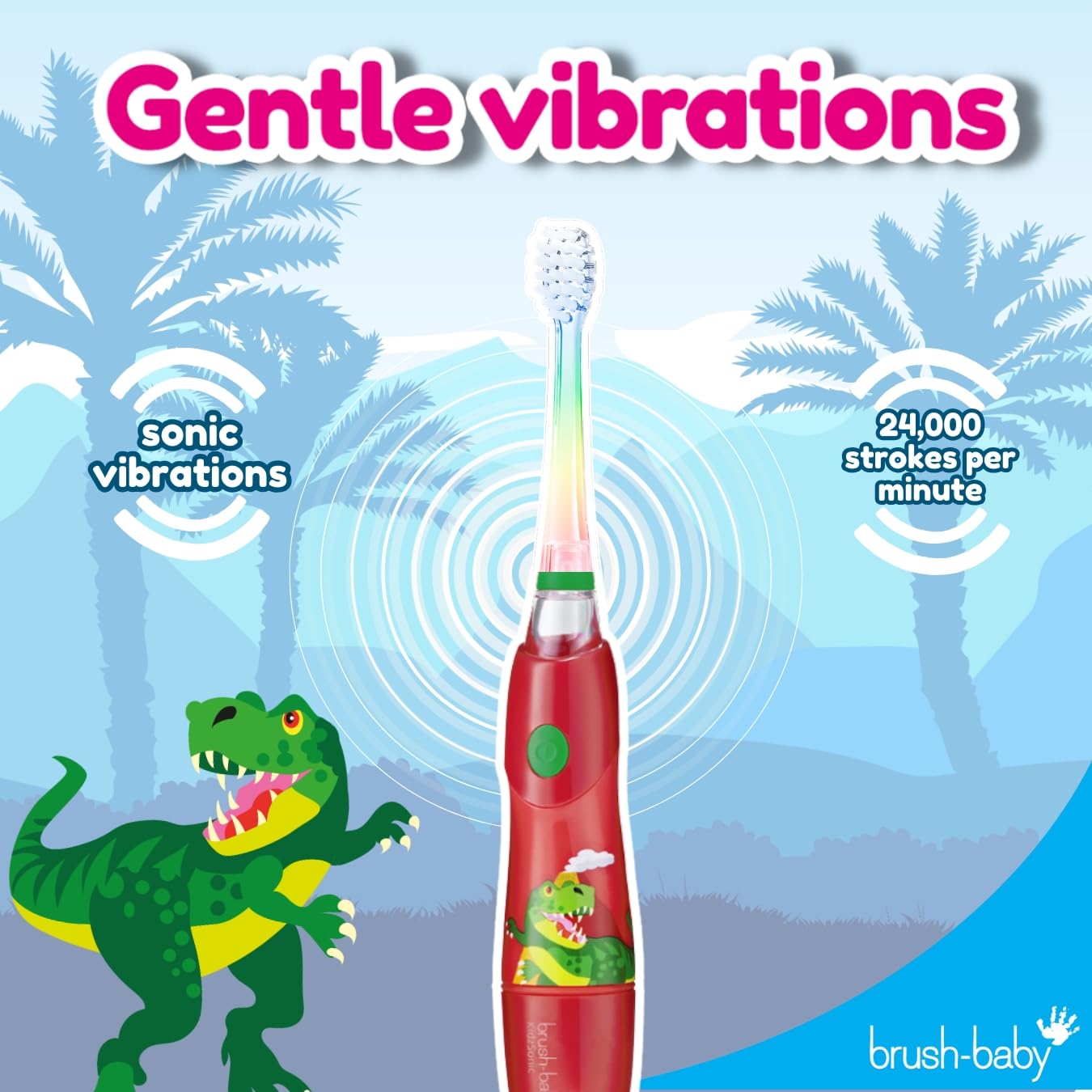 brush-baby KidzSonic Dinosaur Kids Electric Toothbrush (3+) – Disco LED Lights, Gentle Sonic Vibrations, 2-Minute Smart Timer & 30-Second Pulse Reminders – AAA Battery Included