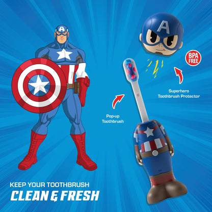 Brush Buddies Captain America Kids Toothbrush — Soft Bristles & Poppin' Cap