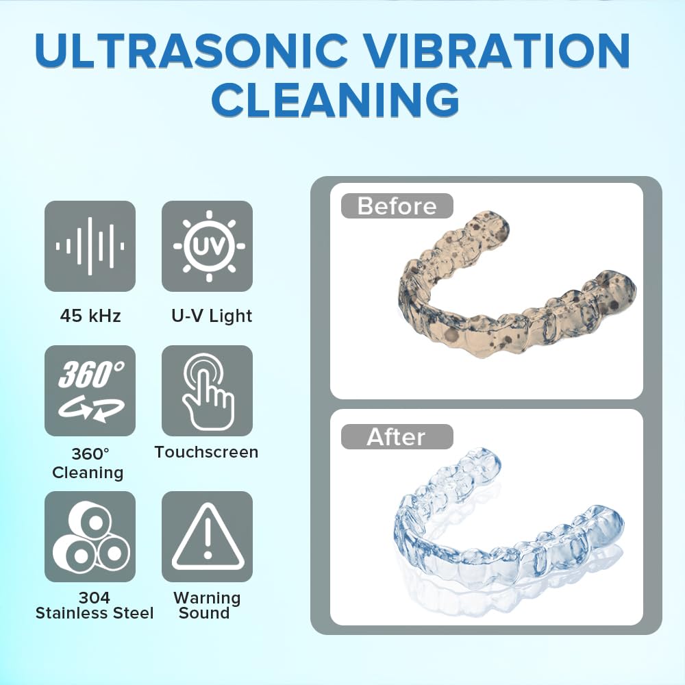 Bsbke Ultrasonic Retainer Cleaner 45kHz – 6 UV Lights, 200ml Capacity, Black