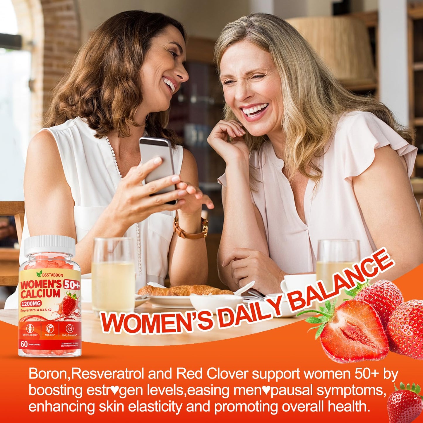 BSSTABBON 50+ Women’s Calcium Citrate Gummies – 1200mg, Vegan, D3/K2, Bone & Immune Support