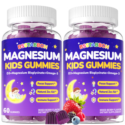 BSSTABBON Kid's Magnesium Glycinate Gummies – Melatonin-Free, L-Theanine, B6 D3, Omega-3 (120 ct)