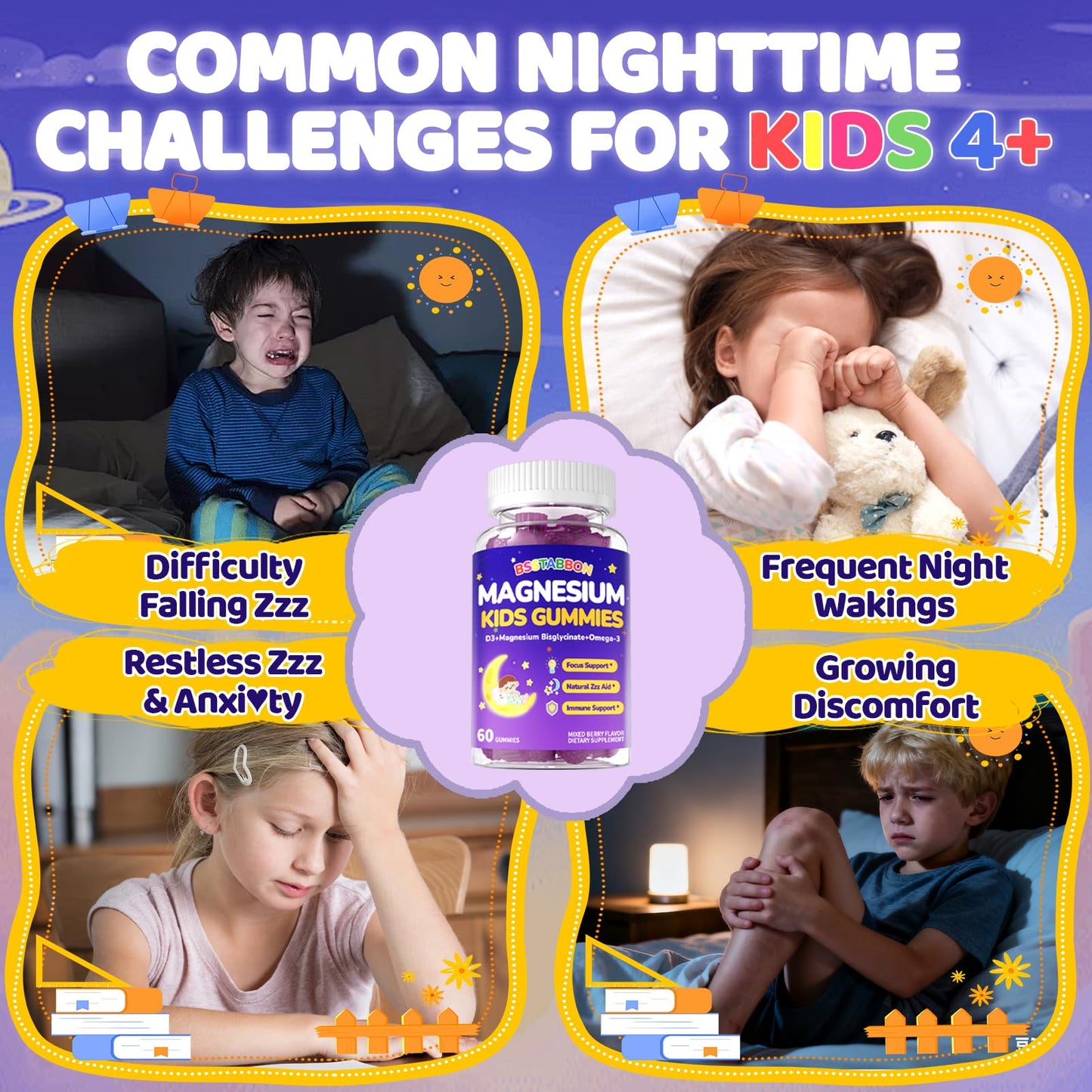 BSSTABBON Kid's Magnesium Glycinate Gummies – Melatonin-Free, L-Theanine, B6 D3, Omega-3 (120 ct)