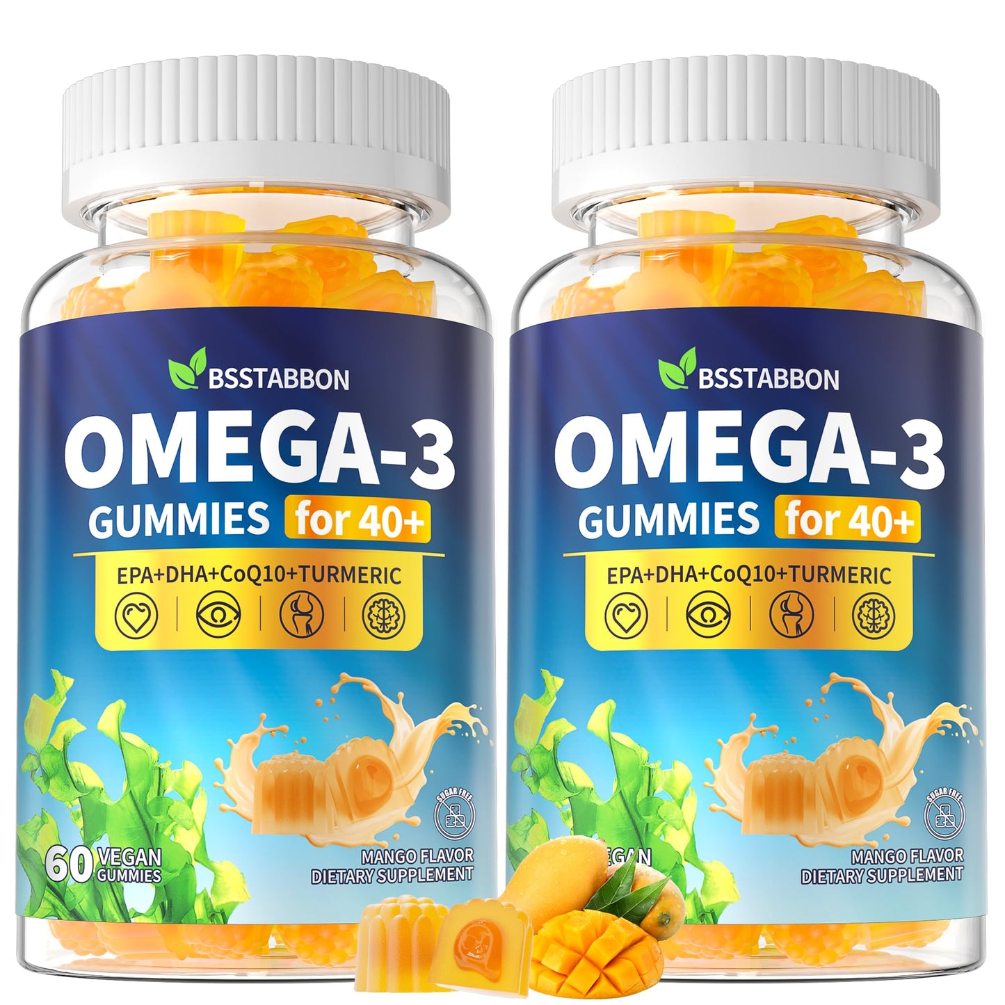 BSSTABBON Omega-3 Gummies for Adults 40+ – 1280mg Vegan EPA/DHA + D3 K2 Zinc Turmeric, 120 Count
