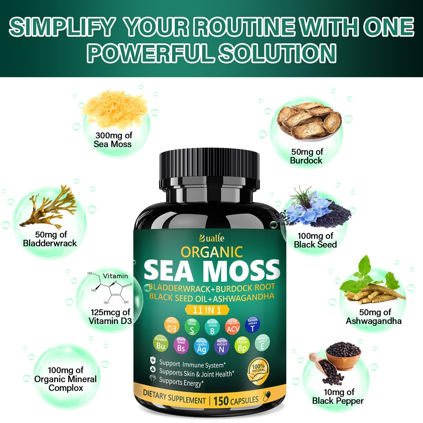 Bualle Irish Sea Moss Capsules – Organic Sea Moss & Black Seed Oil – 150 Capsules