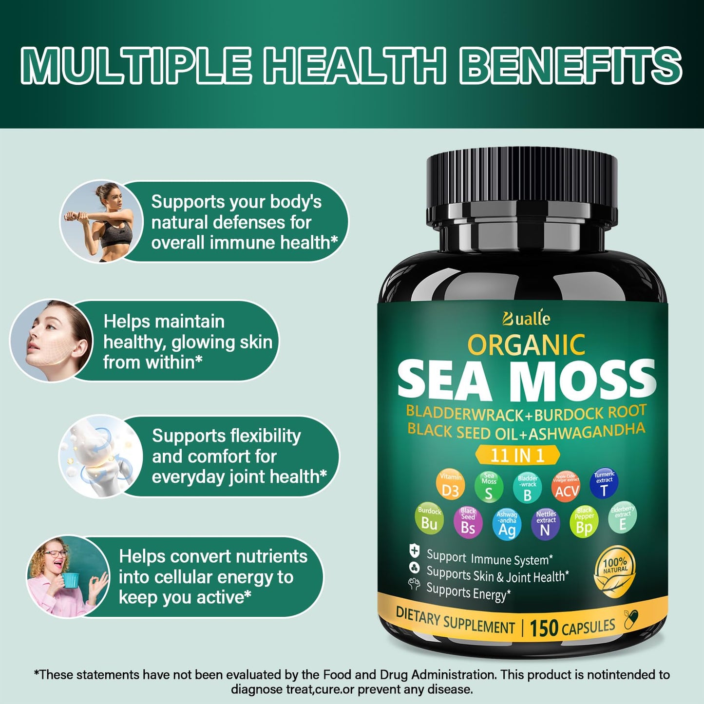 Bualle Irish Sea Moss Capsules – Organic Sea Moss & Black Seed Oil – 150 Capsules