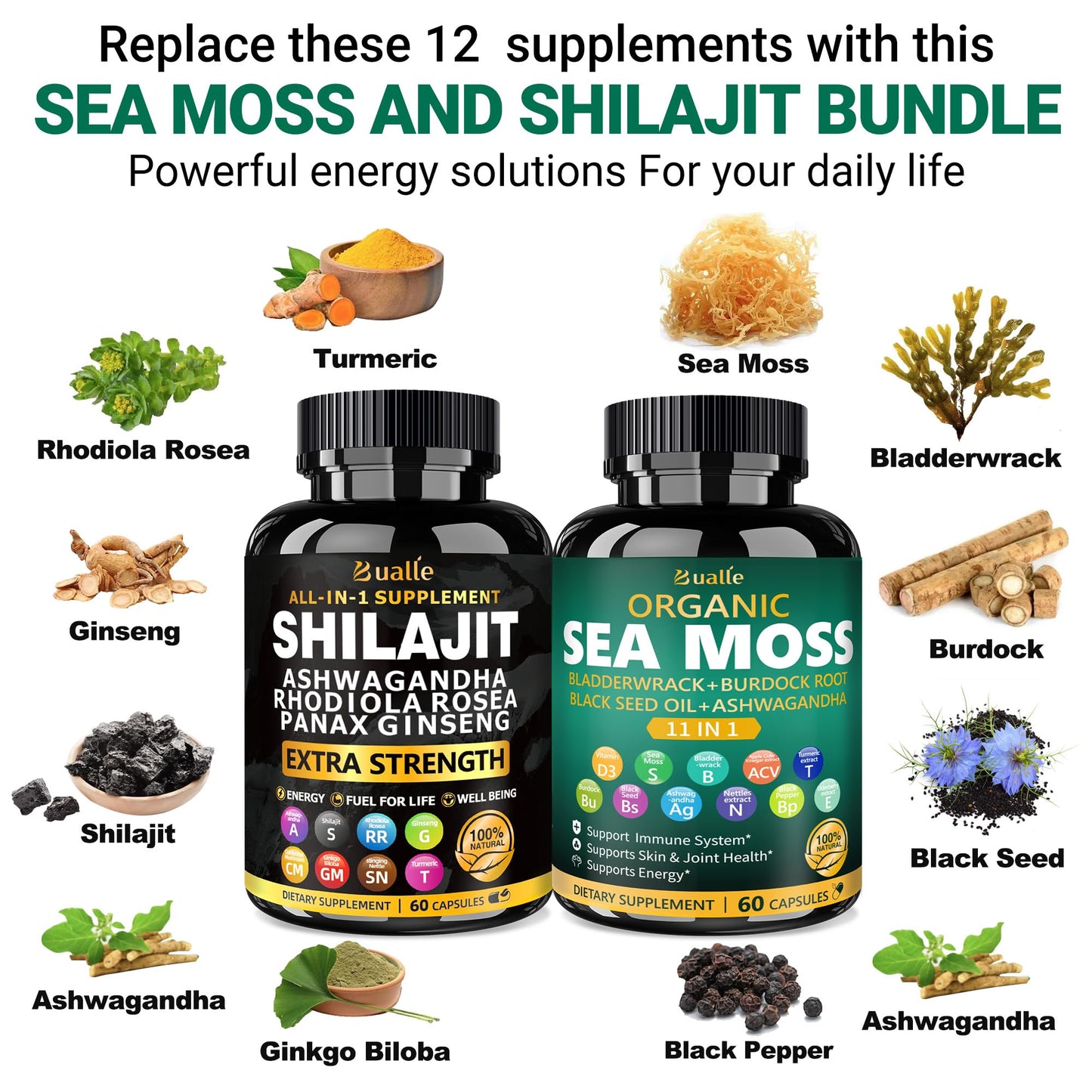 Bualle Organic Sea Moss for Women & Shilajit for Men – 12-in-1 Plant-Powered Wellness (120 Vegan Capsules)