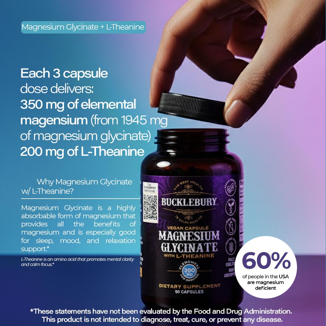 Bucklebury Magnesium Glycinate + L-Theanine 350mg - 90 Vegan Capsules