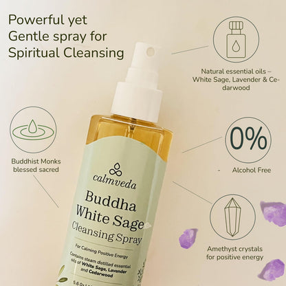 Buddha White Sage Spray Protection - Smudge Spray with Water Blessed by Buddhist Monks (1200+ Sprays) | Sage Spray for Cleansing Negative Energy and Protection | Salvia Blanca para Limpiar (5.6 OZ)