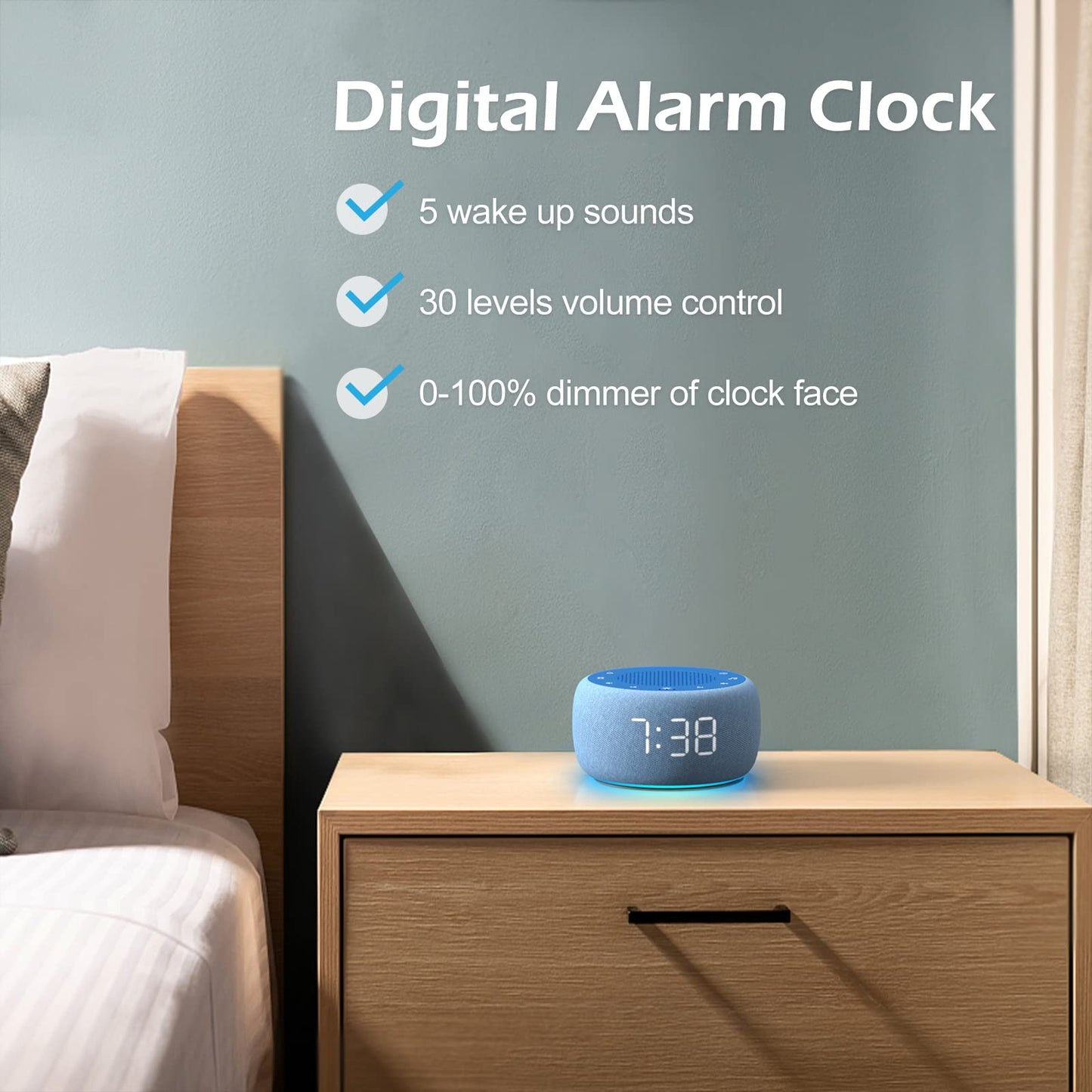 Buffbee Sound Machine & Alarm Clock 2-in-1 Twilight: 0–100% Brightness, 7-Color Ambient Light, Sleep Timer, 30-Level Volume