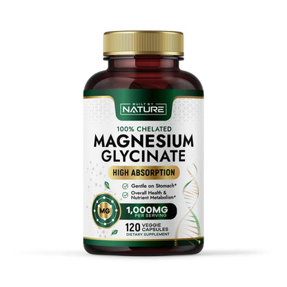 Built By Nature Magnesium Glycinate 1000mg – High Absorption Magnesium Glycinate – 100% Chelated, Gentle on Stomach - 120 Capsules