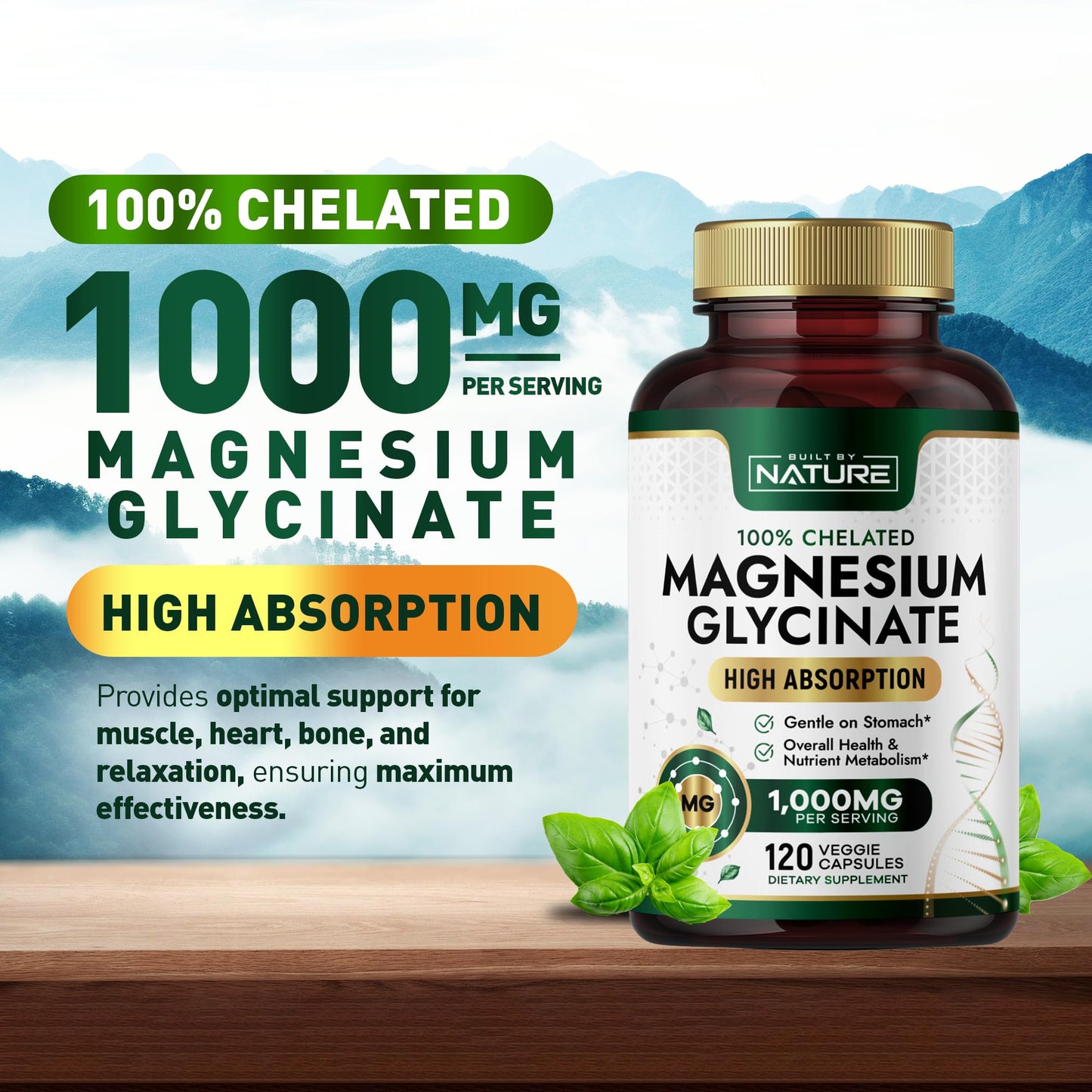 Built By Nature Magnesium Glycinate 1000mg – High Absorption Magnesium Glycinate – 100% Chelated, Gentle on Stomach - 120 Capsules