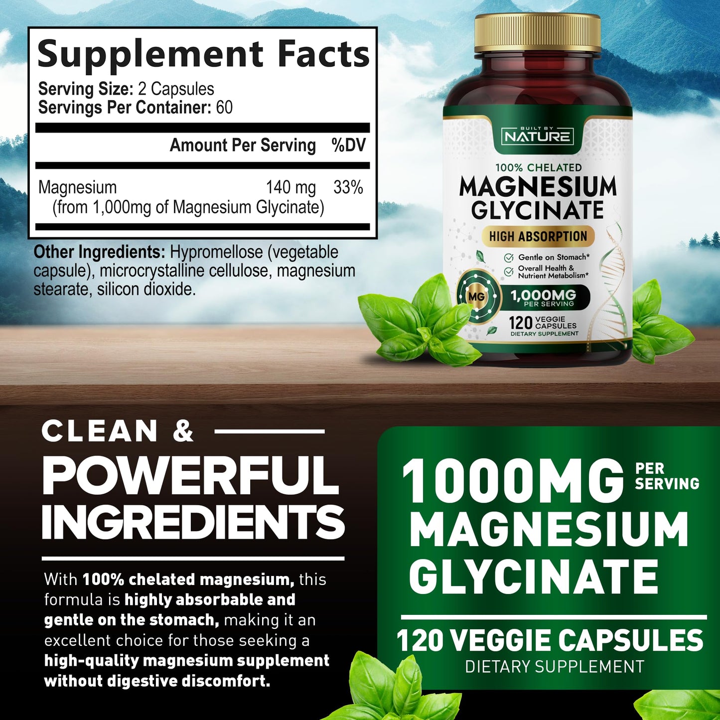 Built By Nature Magnesium Glycinate 1000mg – High Absorption Magnesium Glycinate – 100% Chelated, Gentle on Stomach - 120 Capsules