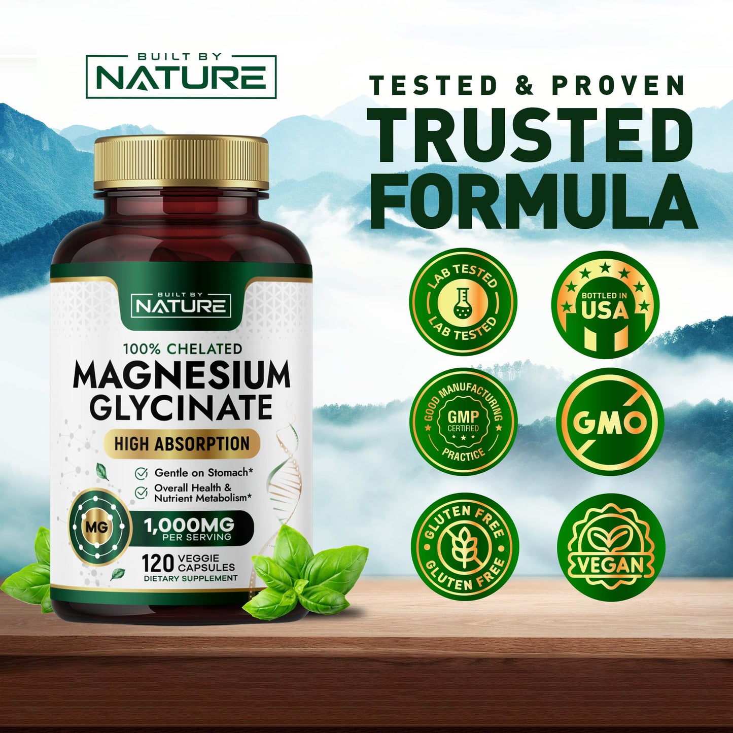 Built By Nature Magnesium Glycinate 1000mg – High Absorption Magnesium Glycinate – 100% Chelated, Gentle on Stomach - 120 Capsules