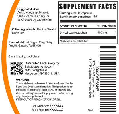 BulkSupplements.com 5-HTP Capsules 400mg – Gluten Free, 360 Count