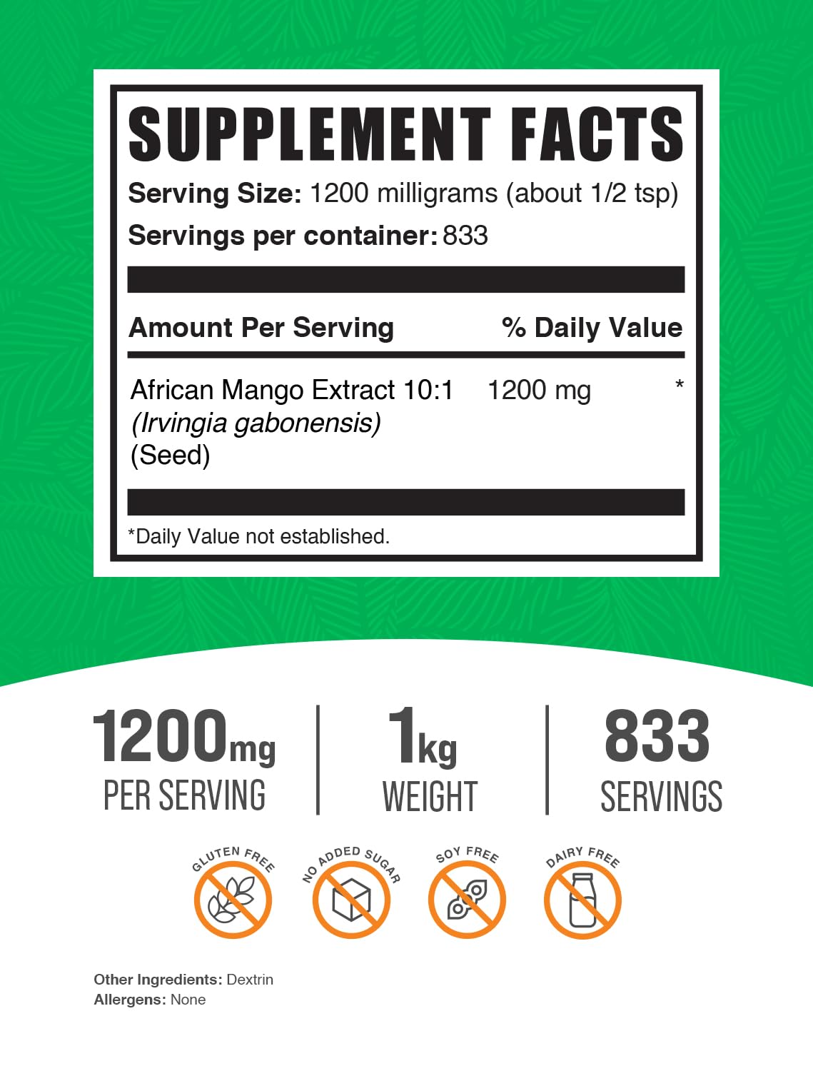 African Mango Extract Powder (Irvingia Gabonensis) – Gluten Free, 1.2g/Serving, 1kg | BulkSupplements