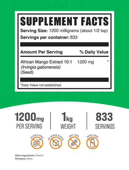African Mango Extract Powder (Irvingia Gabonensis) – Gluten Free, 1.2g/Serving, 1kg | BulkSupplements