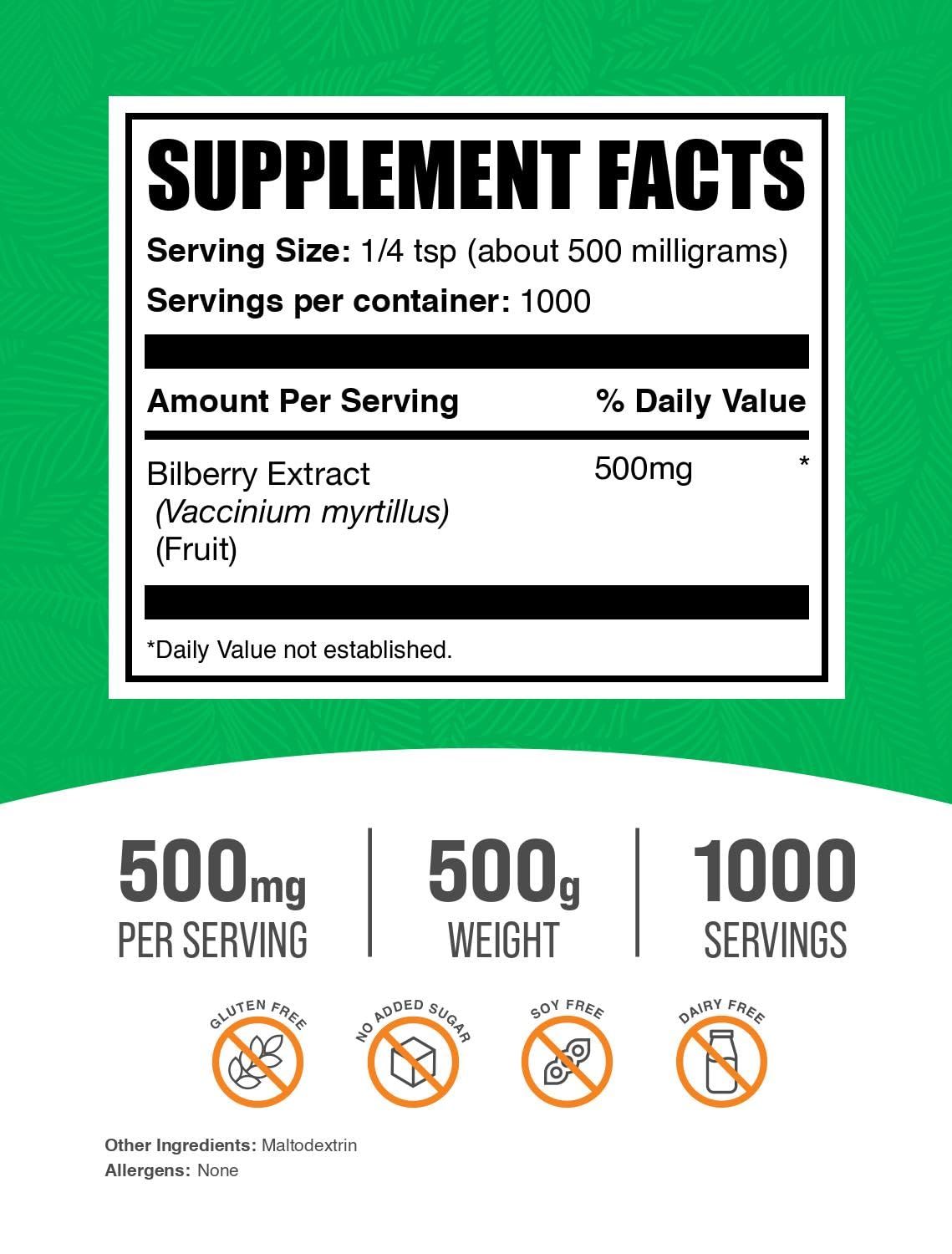 BulkSupplements Bilberry Extract Powder - 500mg Serving, 500g, Vegan & Gluten-Free