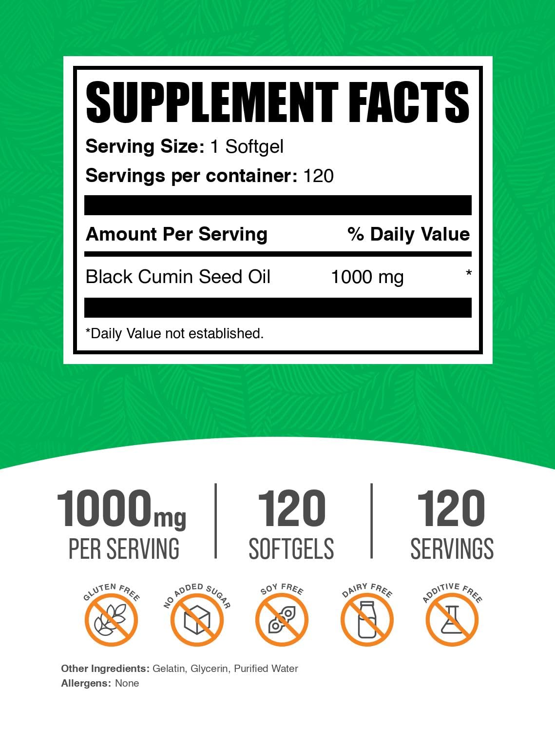 BulkSupplements Black Cumin Seed Oil Softgels 1000mg – 120 Count (Gluten Free)