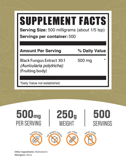Black Fungus Mushroom Extract Powder (Wood Ear) – 500 mg, 250 g | Vegan & Gluten-Free | BulkSupplements.com