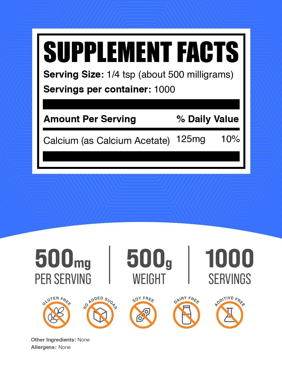 BulkSupplements Calcium Acetate Powder – Calcium Supplement, Food Grade, Gluten Free, 500 mg per Serving, 500 g
