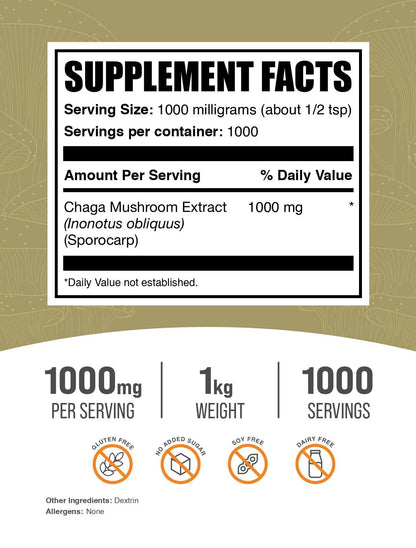 BulkSupplements.com Chaga Mushroom Extract Powder – Gluten Free, 1 g per Serving, 1 kg