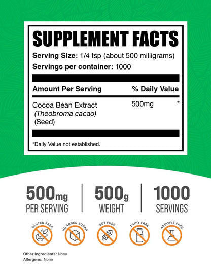Cocoa Bean Extract Powder 500mg - Unsweetened, Vegan, Gluten Free | 500g | BulkSupplements