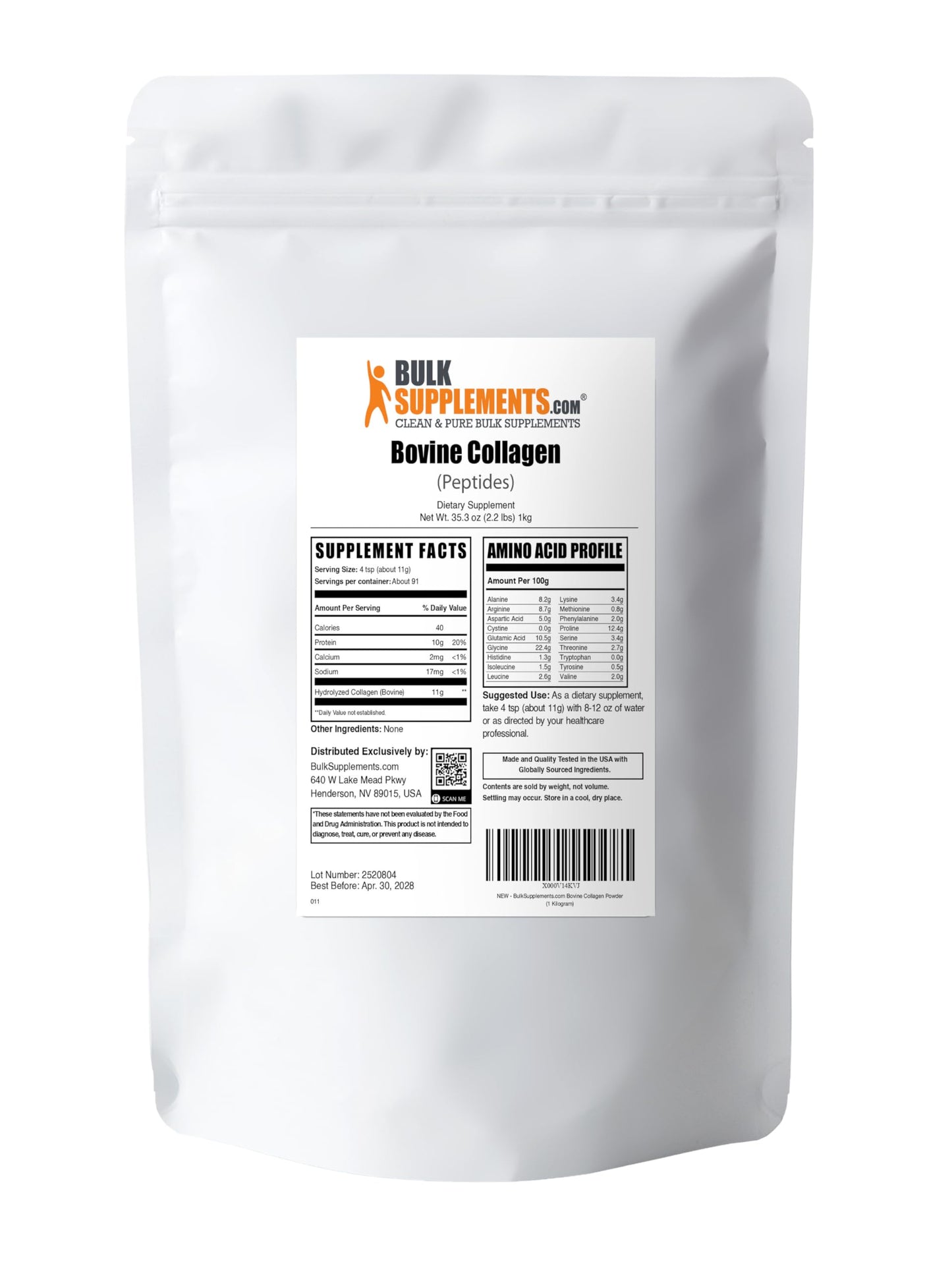 BulkSupplements Collagen Peptides Powder – 1kg (2.2 lbs), Bovine, Hydrolyzed & Gluten Free