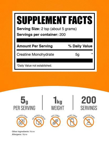 BulkSupplements Creatine Monohydrate Powder – Micronized, Unflavored, 5g per Serving, 1kg