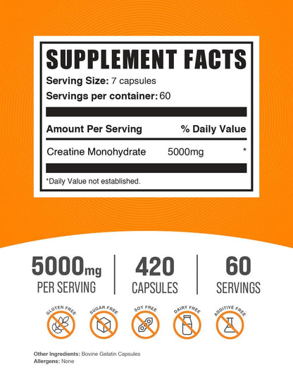 BulkSupplements Creatine Monohydrate Capsules – Micronized, 5000mg per Serving | Gluten Free | 420 Count