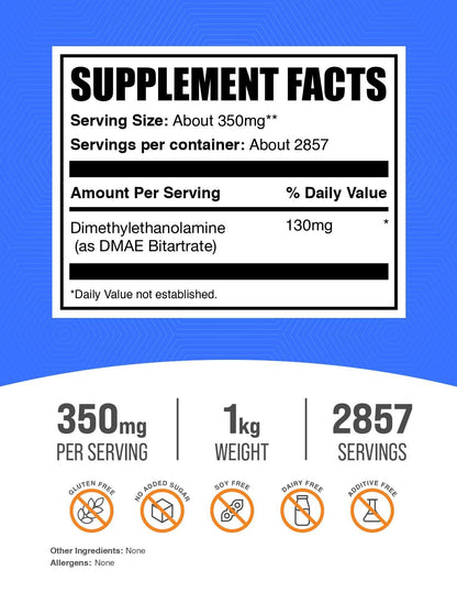 DMAE Bitartrate Powder 350mg/Serving – Unflavored & Gluten Free | BulkSupplements 1kg