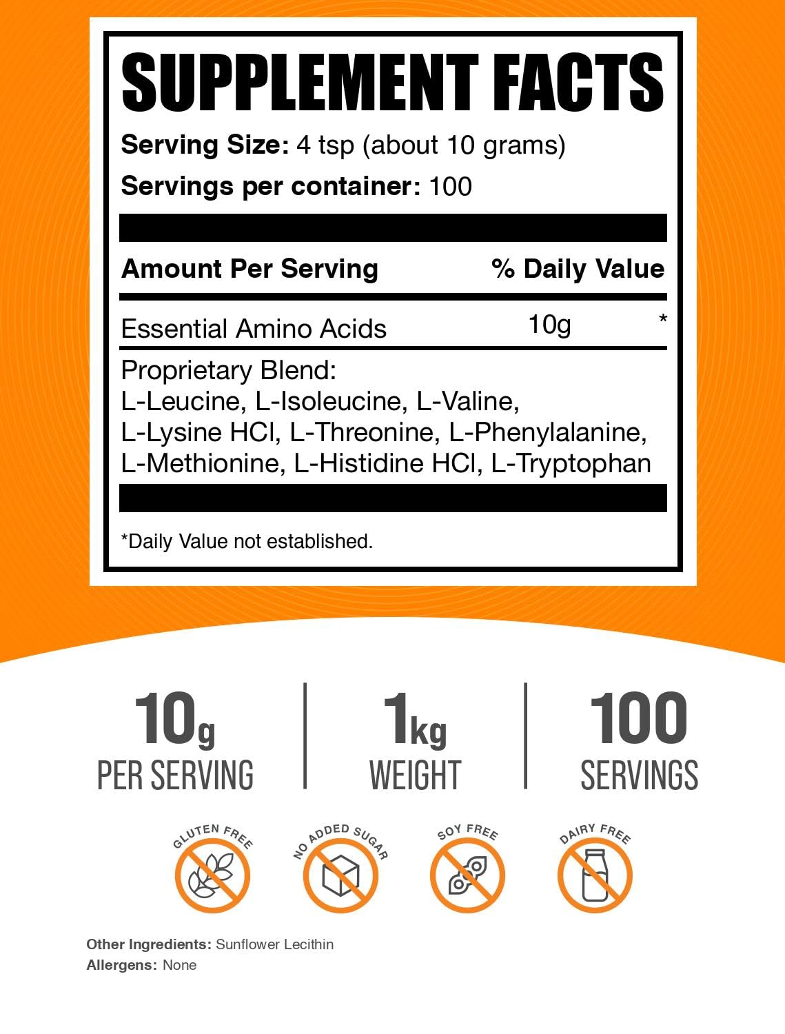 BulkSupplements Essential Amino Acids Powder – Unflavored, Gluten-Free EAA, 10 g Serving, 1 kg (Pack of 1)