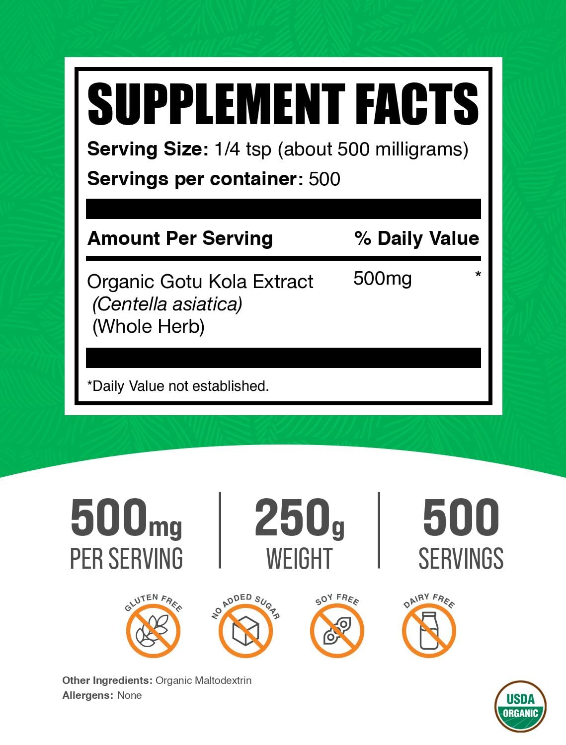 BulkSupplements.com Organic Gotu Kola Extract Powder - Gotu Kola Powder from Centella Asiatica Herb - Gluten Free, 500mg per Serving, 250g (8.8 oz) (Pack of 1)