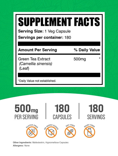 BulkSupplements.com Green Tea Extract Capsules - 500mg, 180 Veg Capsules (Vegan & Gluten Free)