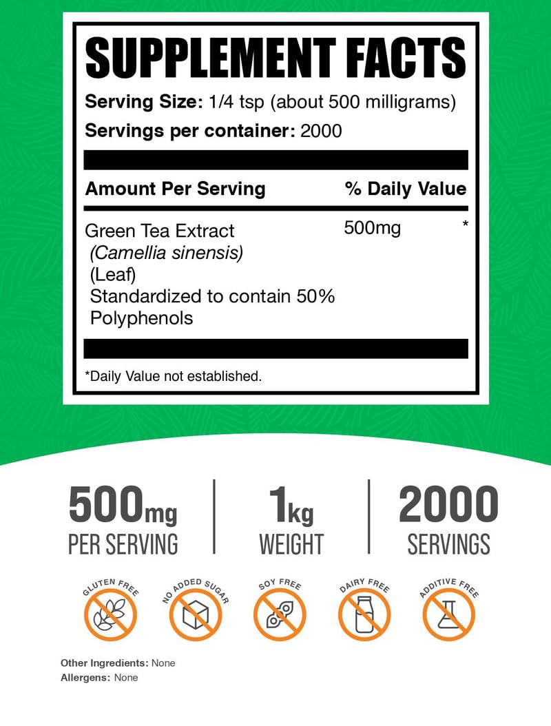 BulkSupplements.com Green Tea Extract Powder – 50% Polyphenols, EGCG, 500 mg/Serving, 1 kg