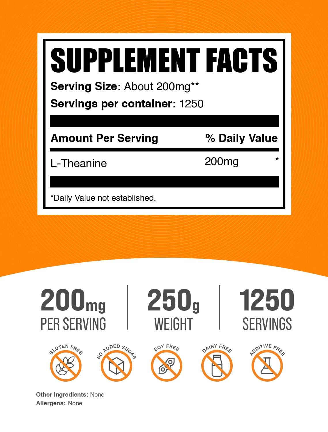 BulkSupplements L-Theanine Powder - 200mg per Serving, 250g (Gluten Free)