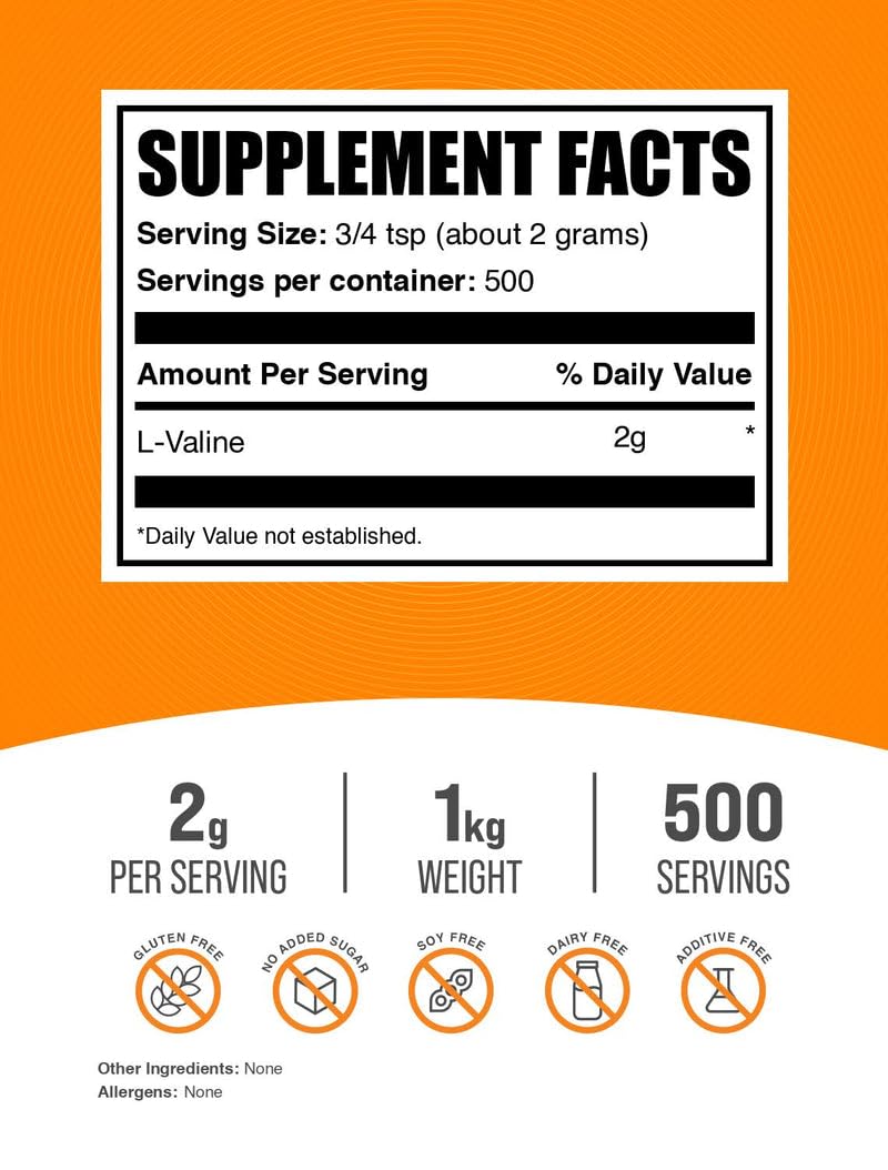 BulkSupplements L-Valine Powder – 2 g per Serving, Unflavored Gluten Free BCAA, 1kg