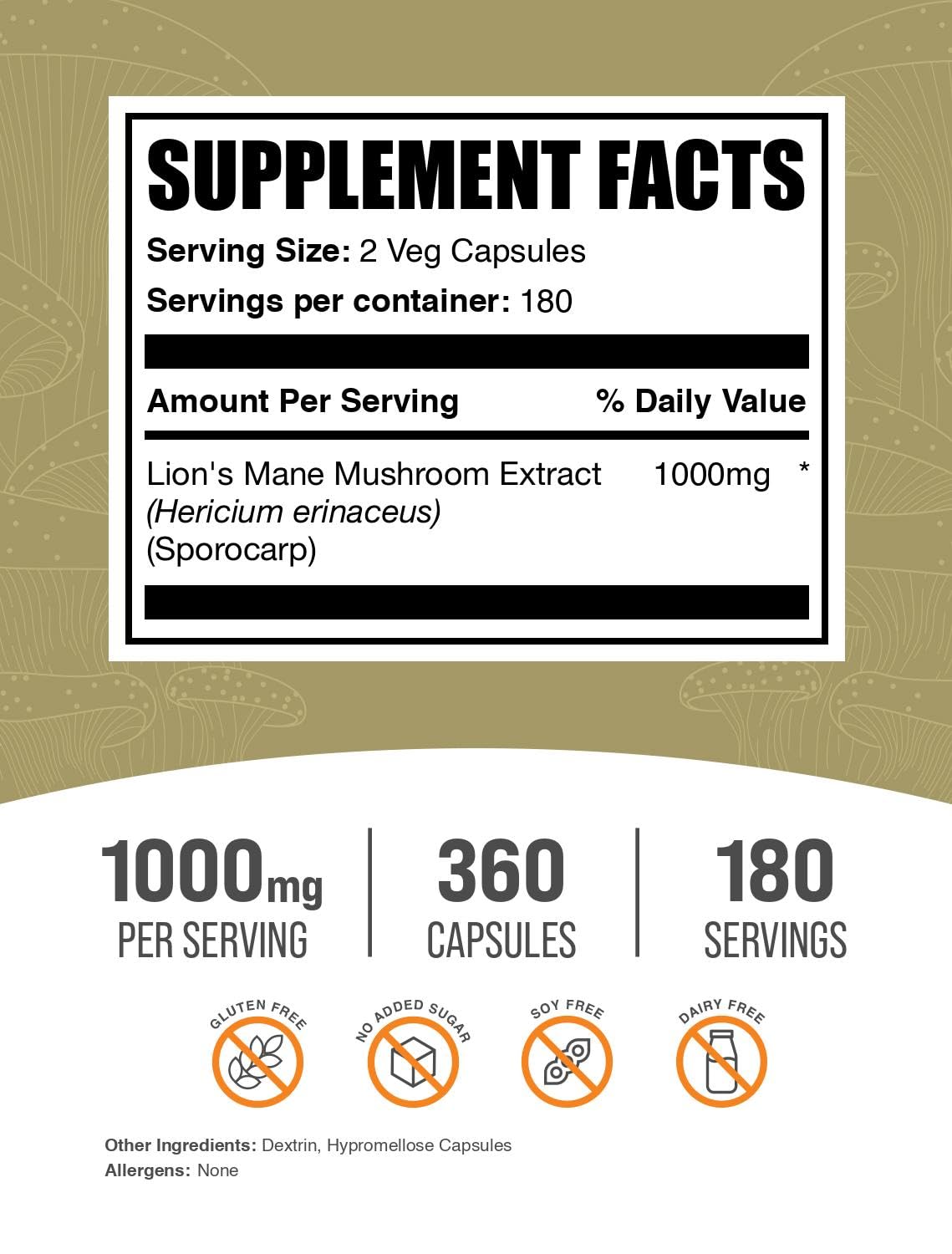 BulkSupplements Lion's Mane Mushroom Extract Capsules – Brain Support, 1000mg per Serving, 360 Vegan Capsules