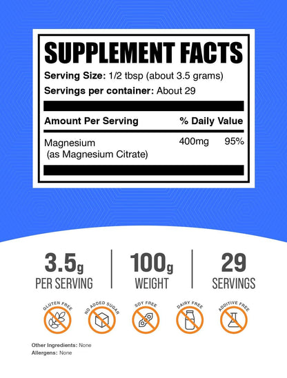 BulkSupplements Magnesium Citrate Powder 400mg | Gluten Free, Easy Absorption (100g x2)