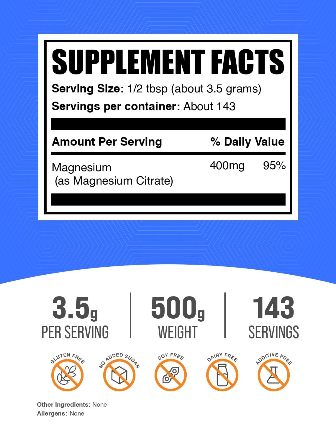 BulkSupplements Magnesium Citrate Powder – Magnesium & Mineral Supplement, 3.5g per Serving, 500g