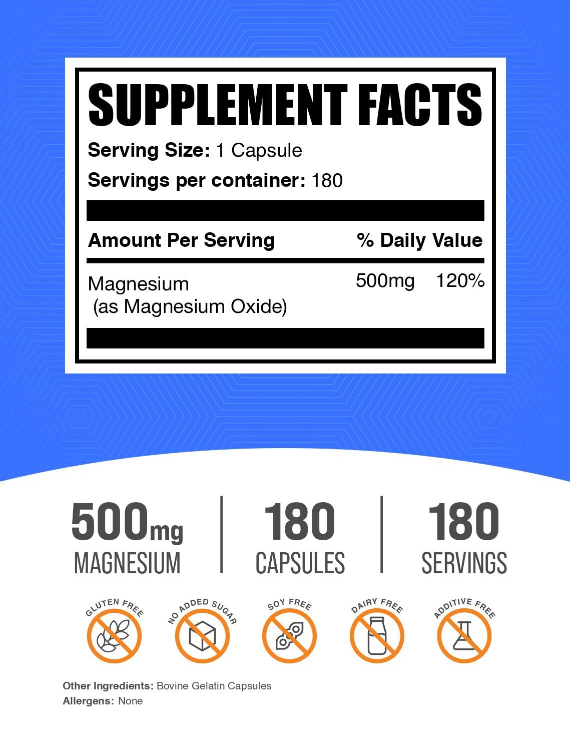 BulkSupplements Magnesium Oxide Capsules - 500mg, Gluten Free, 360 Capsules (2x180) | Magnesium Supplement
