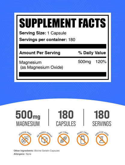 BulkSupplements Magnesium Oxide Capsules - 500mg, Gluten Free, 360 Capsules (2x180) | Magnesium Supplement