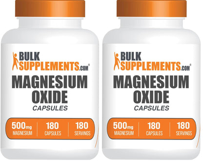 BulkSupplements Magnesium Oxide Capsules - 500mg, Gluten Free, 360 Capsules (2x180) | Magnesium Supplement